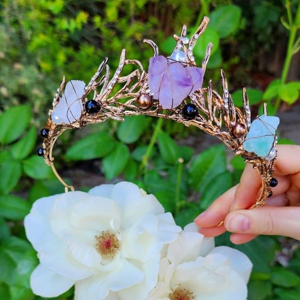 Handmade Crown Amethyst, Flourite & White Quartz Raw Crystals Gold Branc…
